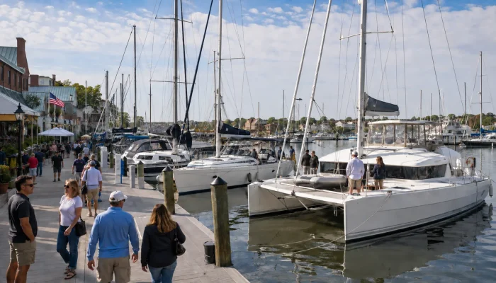 Sailboats and multihulls displayed at an Annapolis waterfront boat show