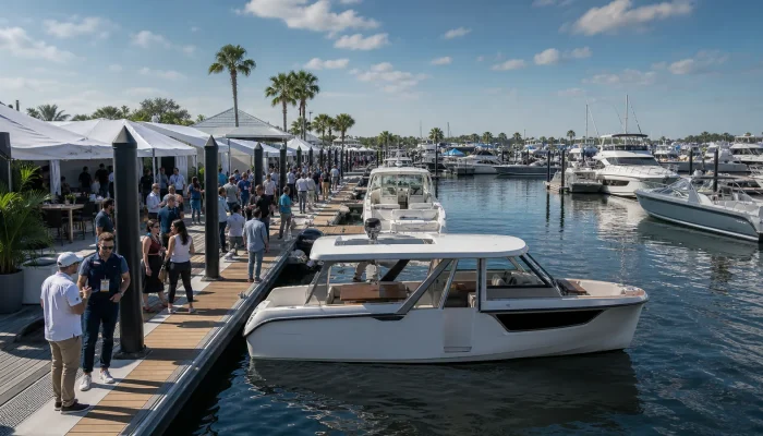 Generic waterfront boat marketplace with in-water vessels, docks, dealers, and visitors.