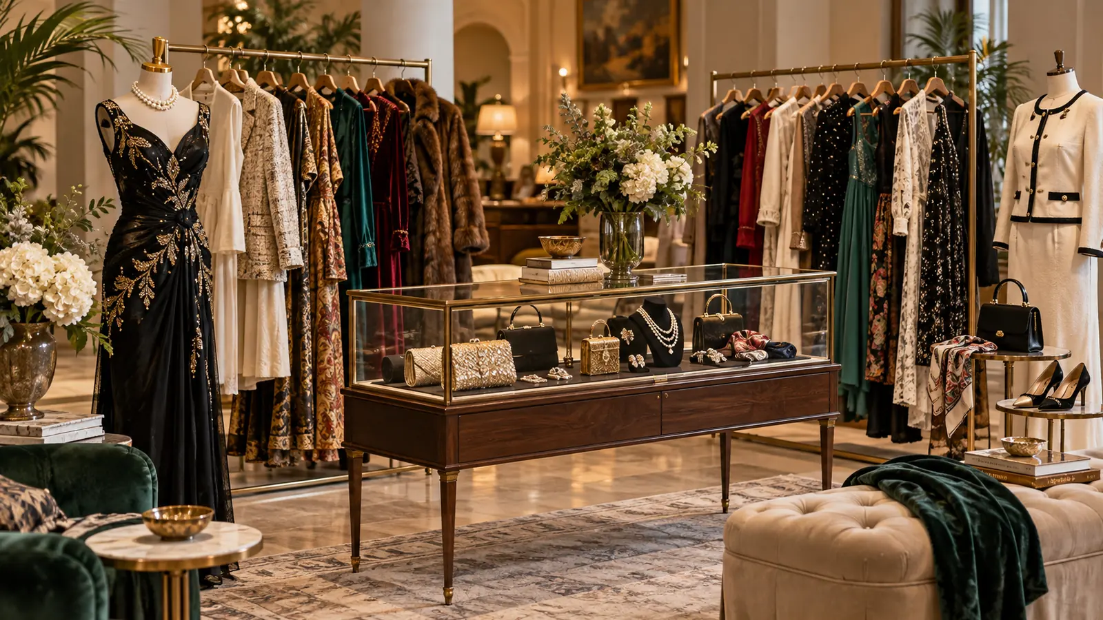 Premium unbranded vintage fashion market display with curated garments, accessories, and glass case
