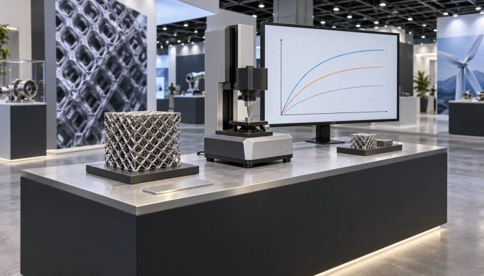 Concept illustration of a research exhibit with a material specimen and measurement instrument