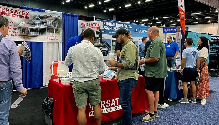 Build Expo USA trade show floor with construction exhibitors and attendees