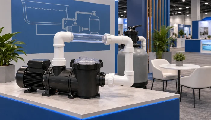 Concept illustration: Professional pool and spa equipment exhibit concept, dry demonstration pump and plumbing with transparent flow segment