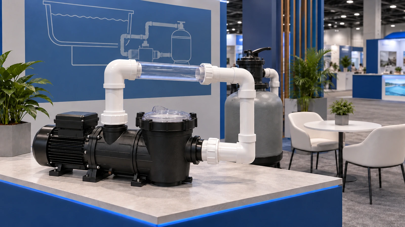 Concept illustration: Professional pool and spa equipment exhibit concept, dry demonstration pump and plumbing with transparent flow segment