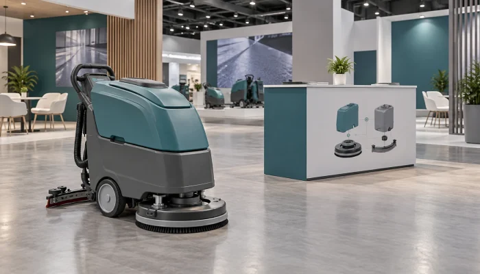 Concept illustration: Commercial cleaning equipment trade exhibit concept featuring compact walk-behind scrubber and technical discussion counter