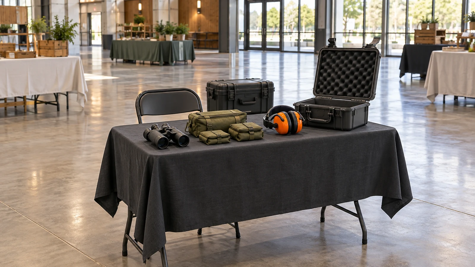 Concept illustration of a compact vendor table with binoculars, fabric outdoor pouches, hearing protection, and an empty protective case