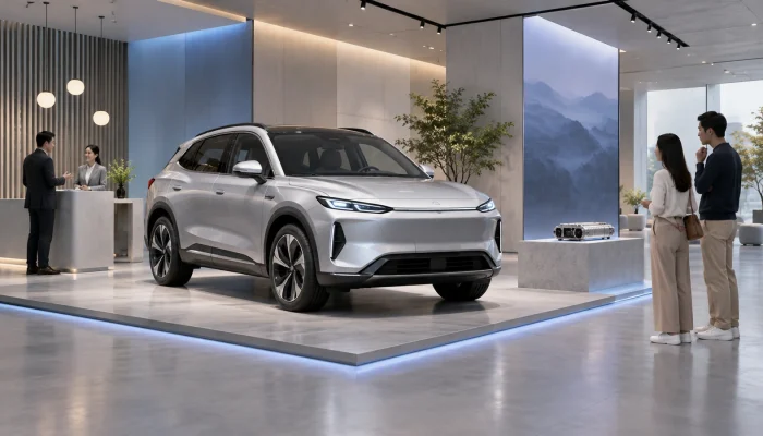Concept illustration: Automotive exhibit concept with generic unbranded passenger vehicle and two separate interaction areas, no real hall replica