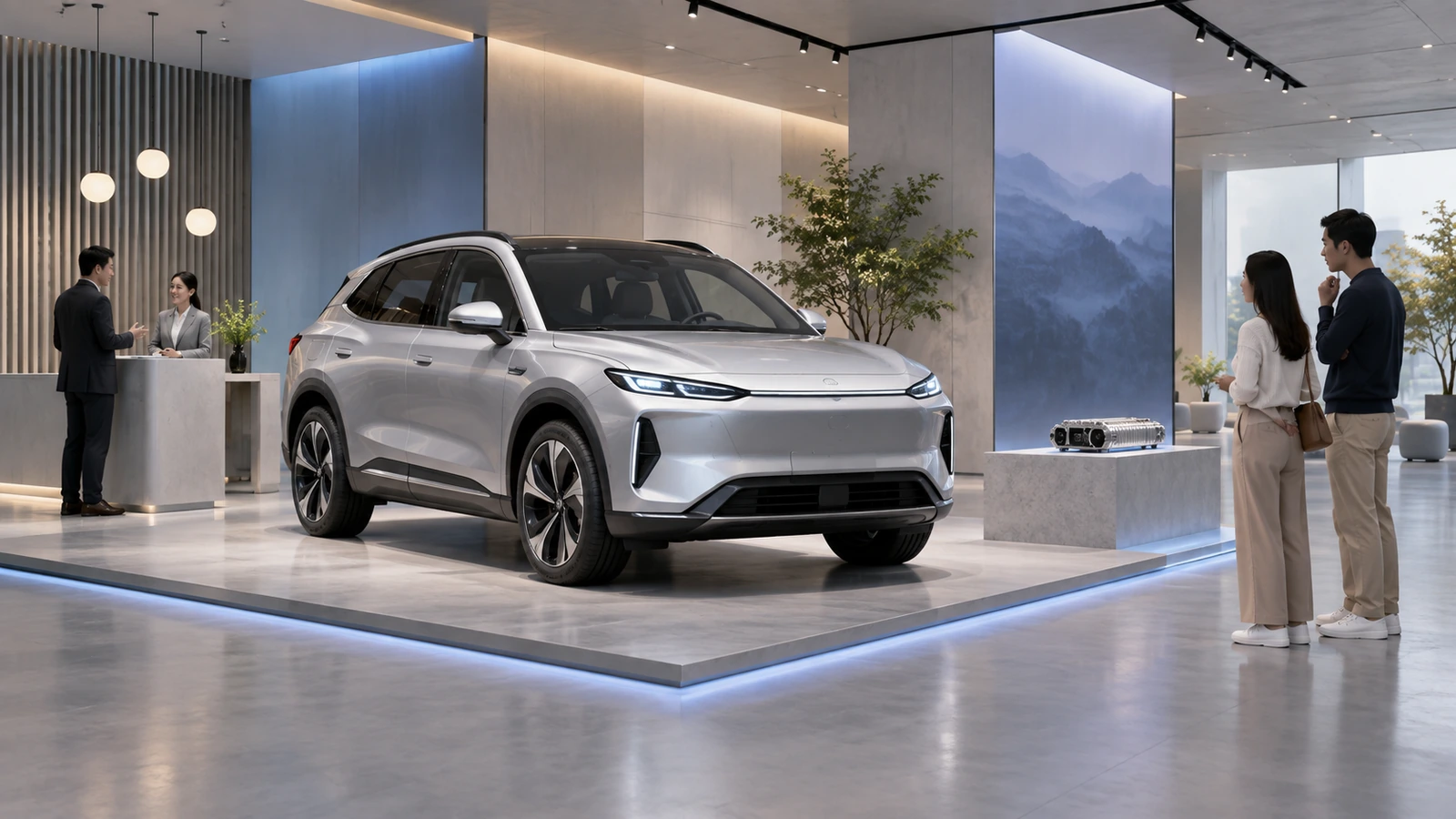 Concept illustration: Automotive exhibit concept with generic unbranded passenger vehicle and two separate interaction areas, no real hall replica