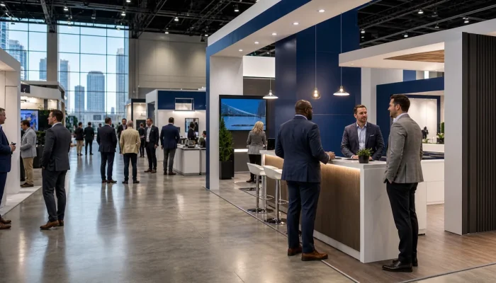 Modern Atlanta trade show hall with custom exhibits and professional visitors