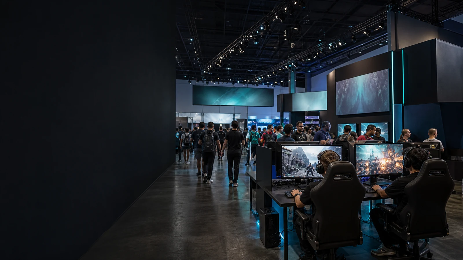 Major U.S. video game convention expo floor with interactive demo booths