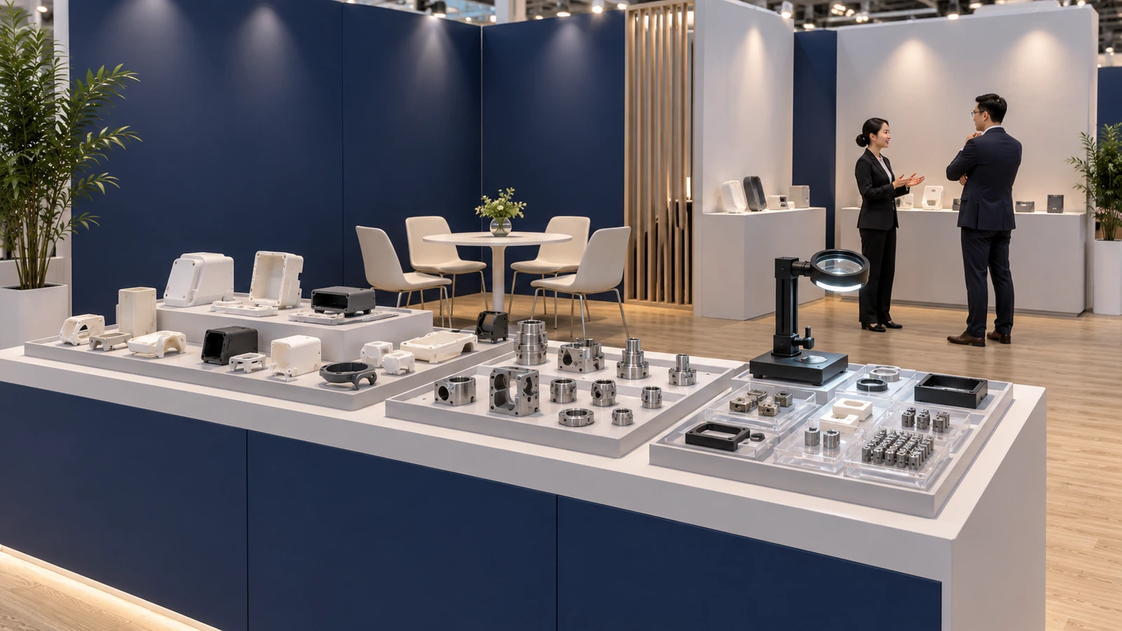 Concept illustration: Medical device manufacturing supplier booth concept showing components and inspection samples, no clinical treatment or finished hospital equipment focus