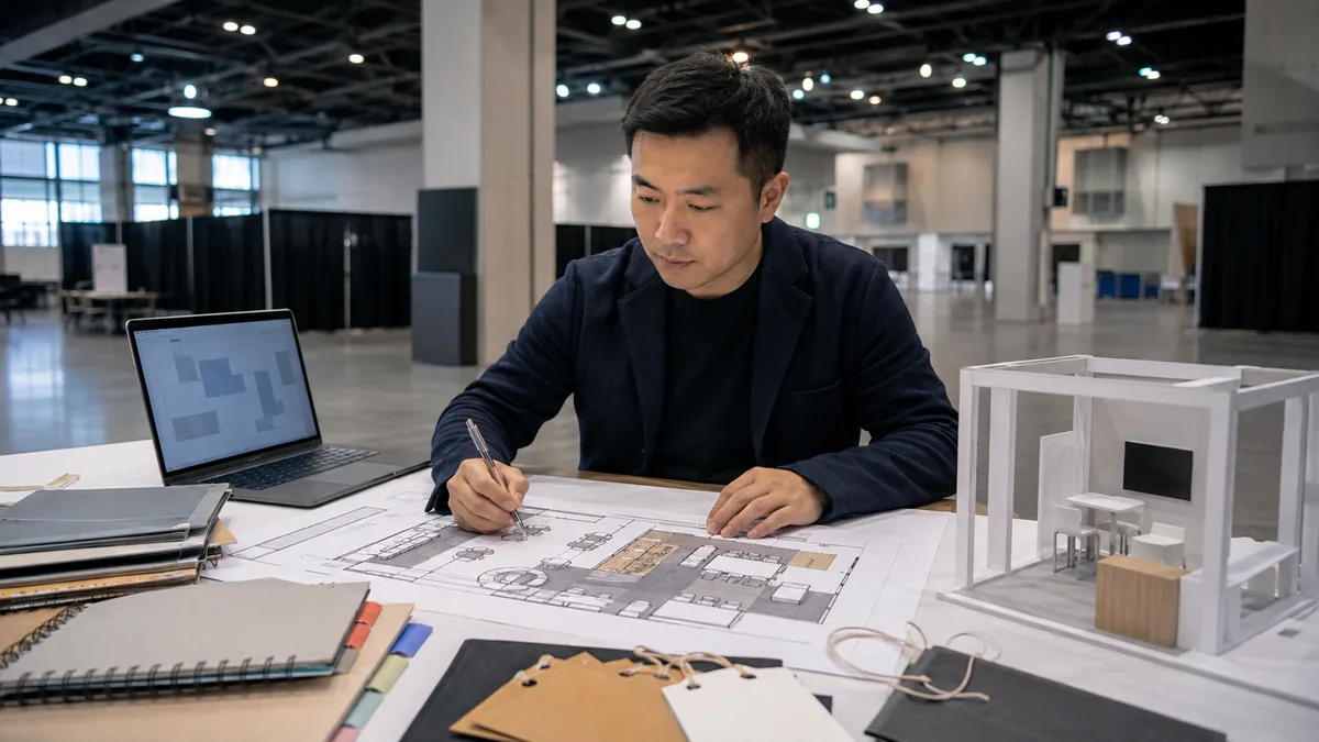 Exhibitor manager reviewing an OCC booth plan, service schedule, and freight details before production