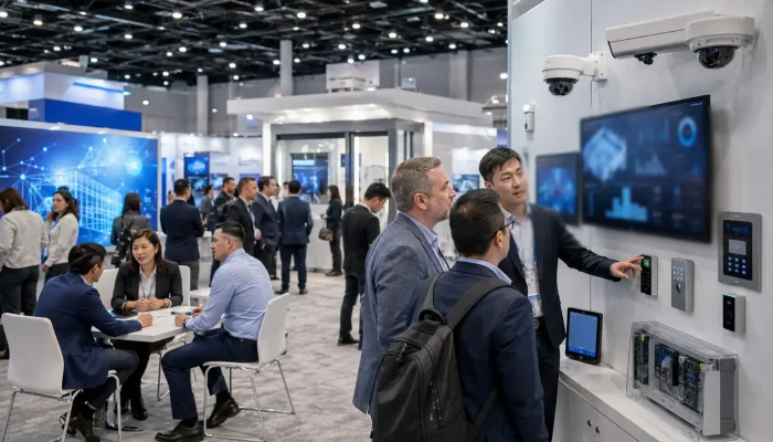 Security trade show floor with physical and cybersecurity exhibits in the United States