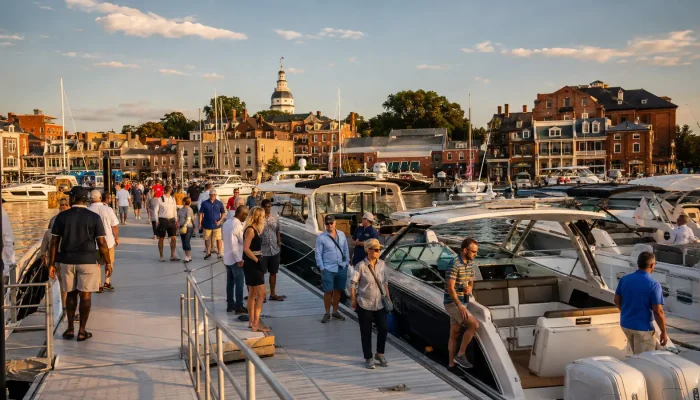 Powerboats displayed on floating docks at the Annapolis Powerboat Show waterfront