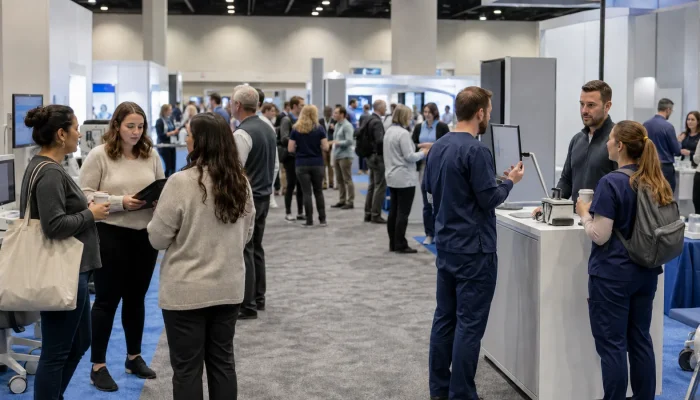 Veterinary professionals exploring solution exhibits at an industry conference