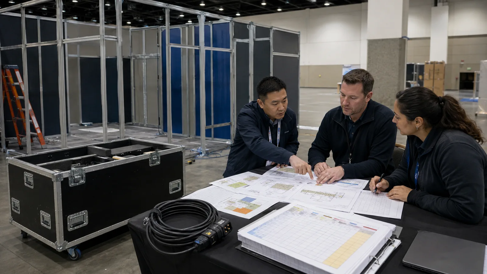 Exhibit team planning aerospace booth structure freight power and service costs
