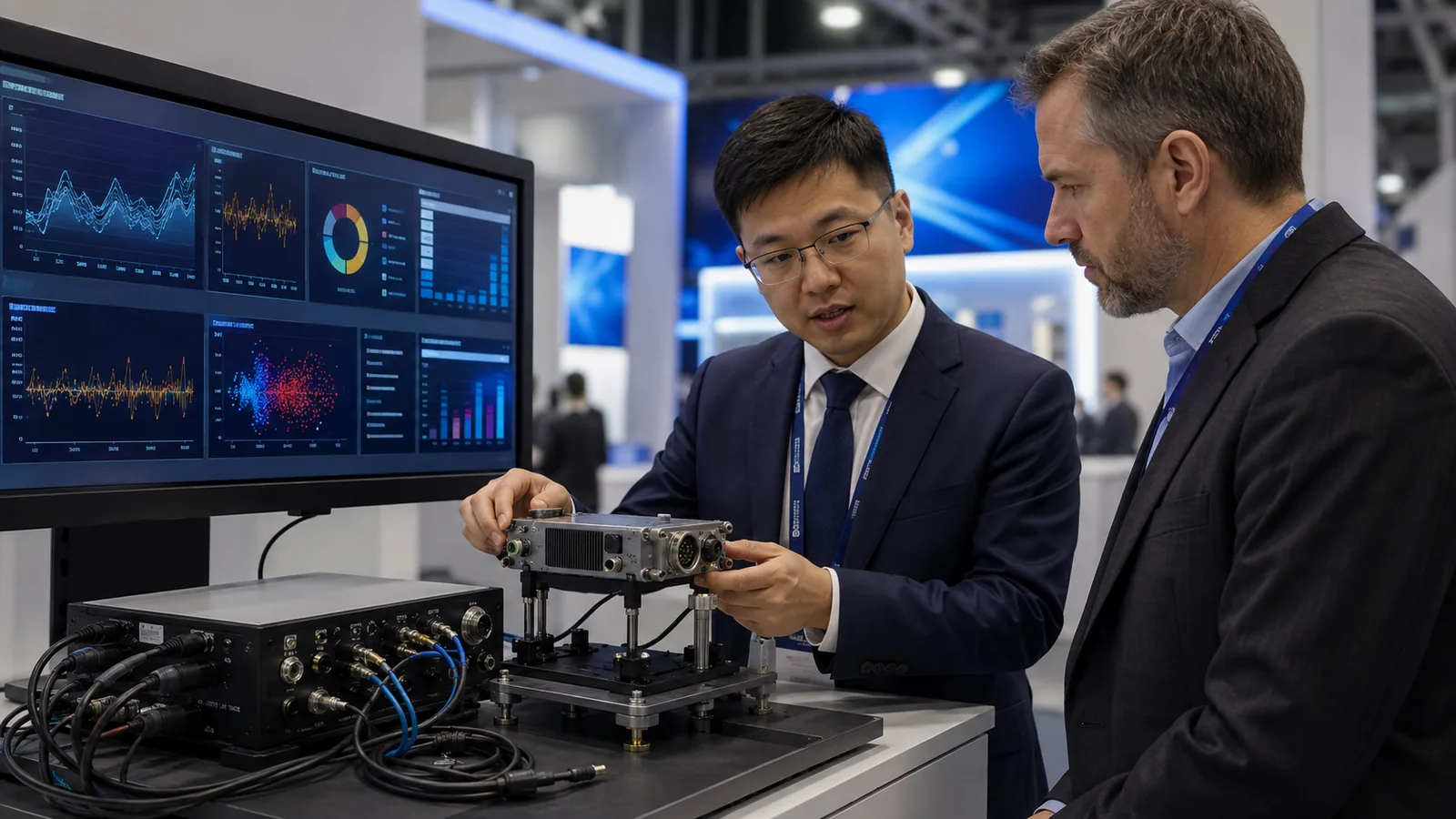Technical buyer and engineer evaluating an aerospace systems demonstration at a booth