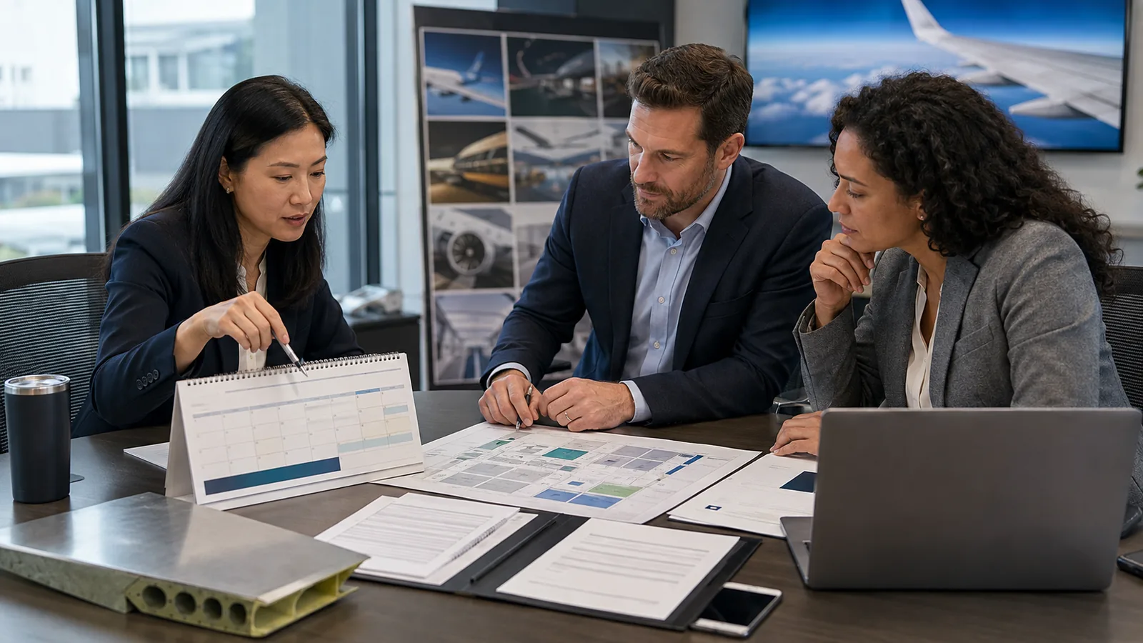 Aerospace event team reviewing current dates venue details and exhibitor documents
