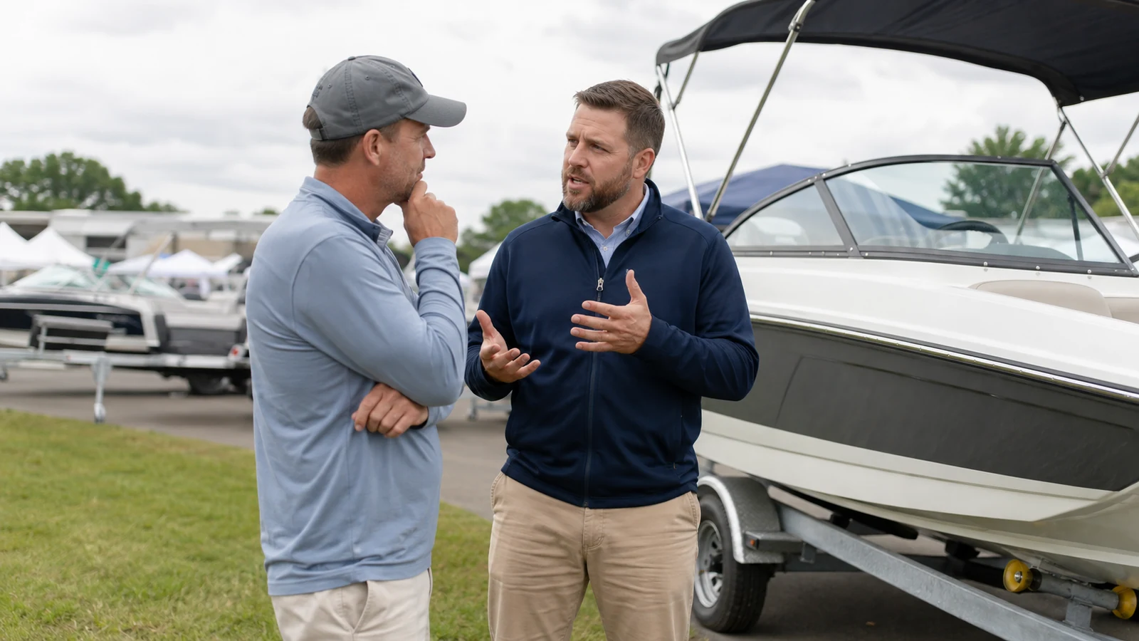 Boat vendor discussing an unbranded motorboat with a prospective buyer at an outdoor marketplace.
