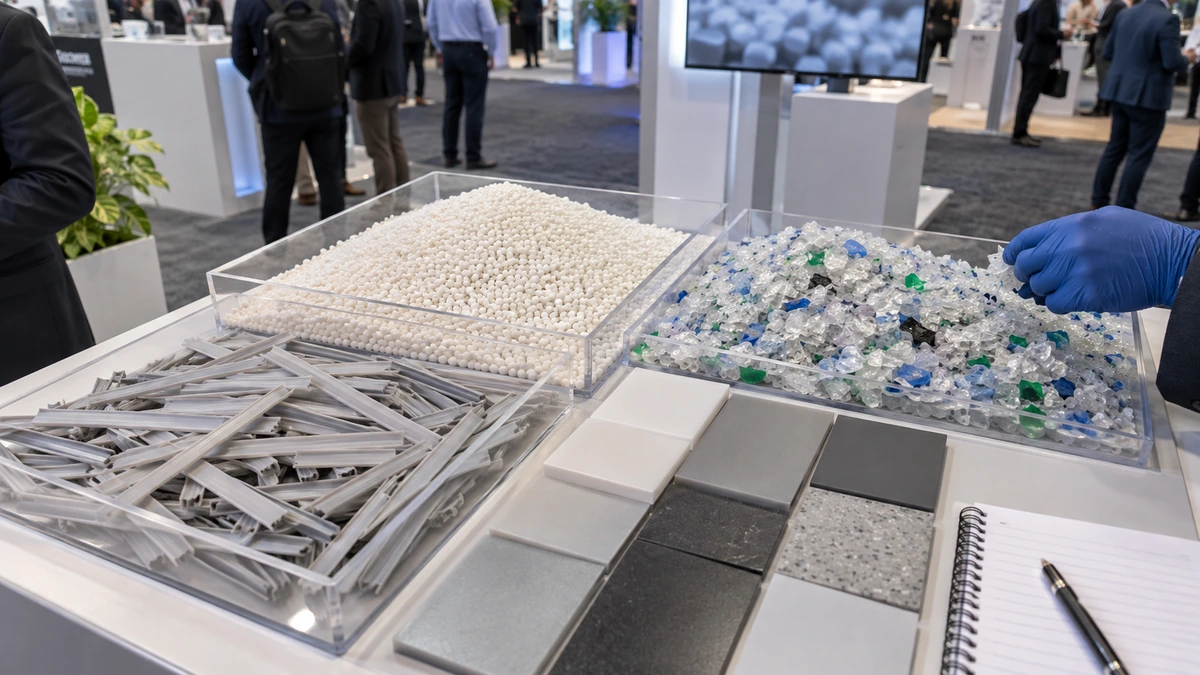 Separate trays of plastic pellets, recycled flakes, extruded strips, and flat polymer samples on one table.