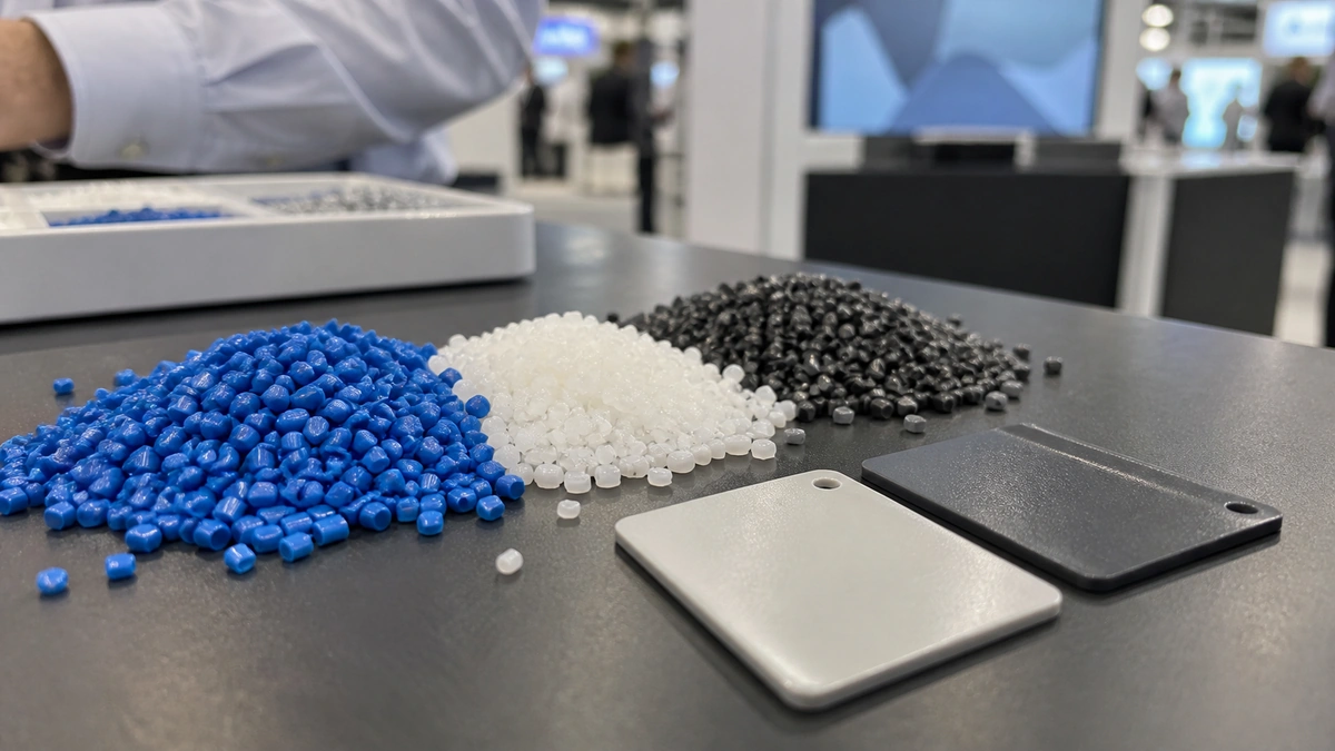 Three piles of solid plastic pellets beside two flat molded sample plaques on a dark work surface.