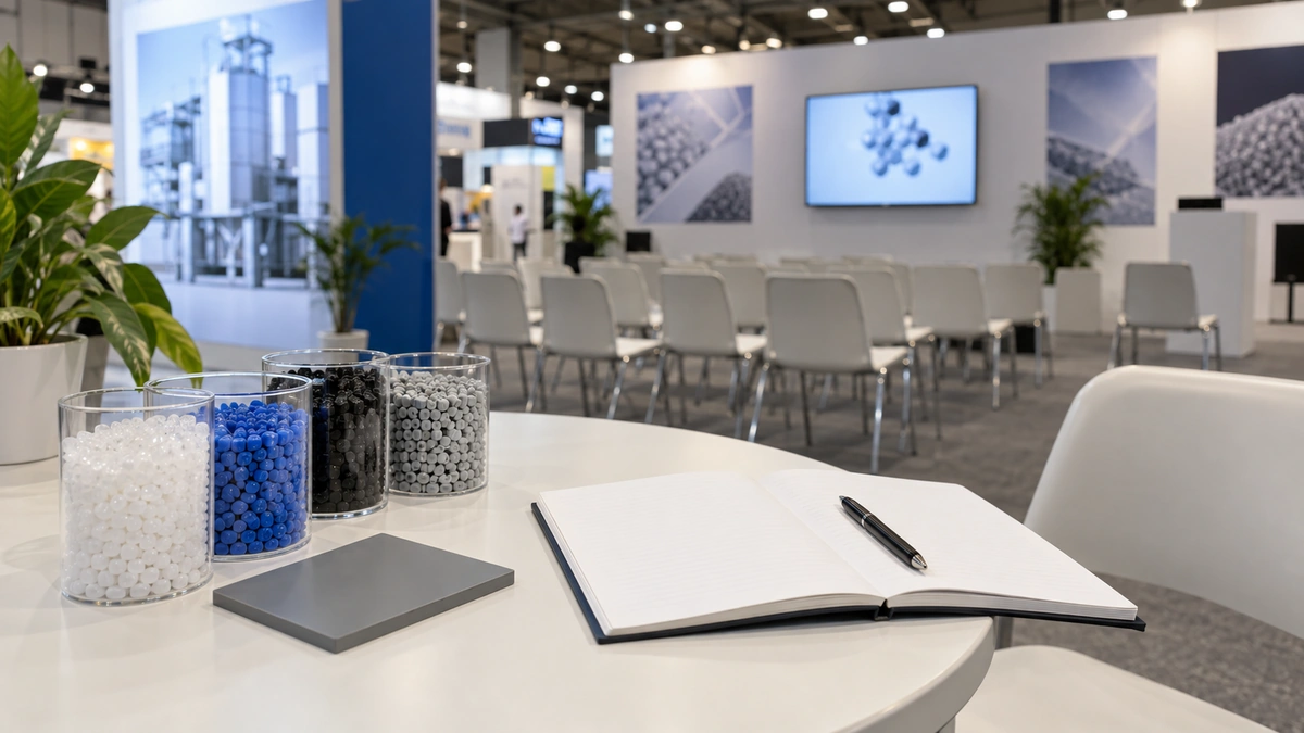 An open notebook, pen, and plastic samples on a table beside empty conference chairs.