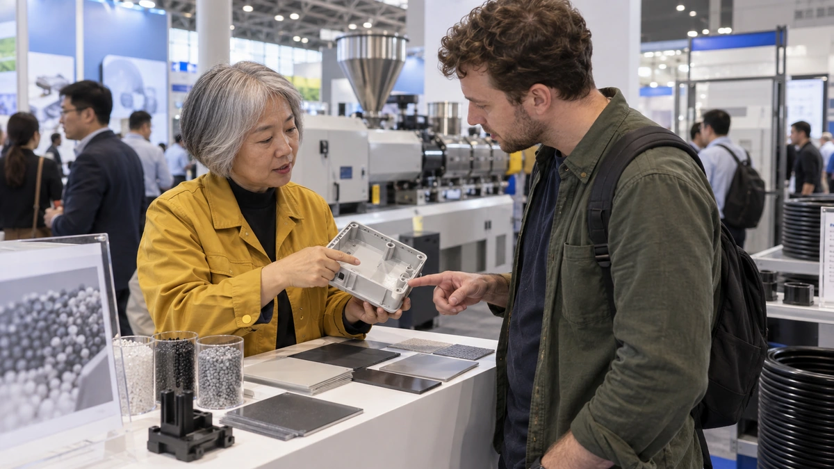 Two colleagues examine a molded plastic enclosure and flat material samples at a meeting table.