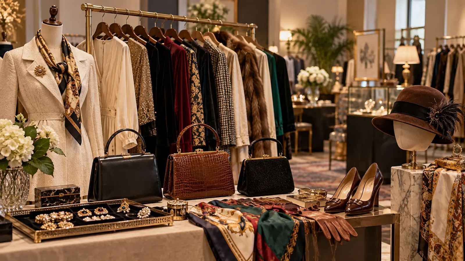 Curated luxury vintage fashion display with garments, handbags, shoes, and accessories