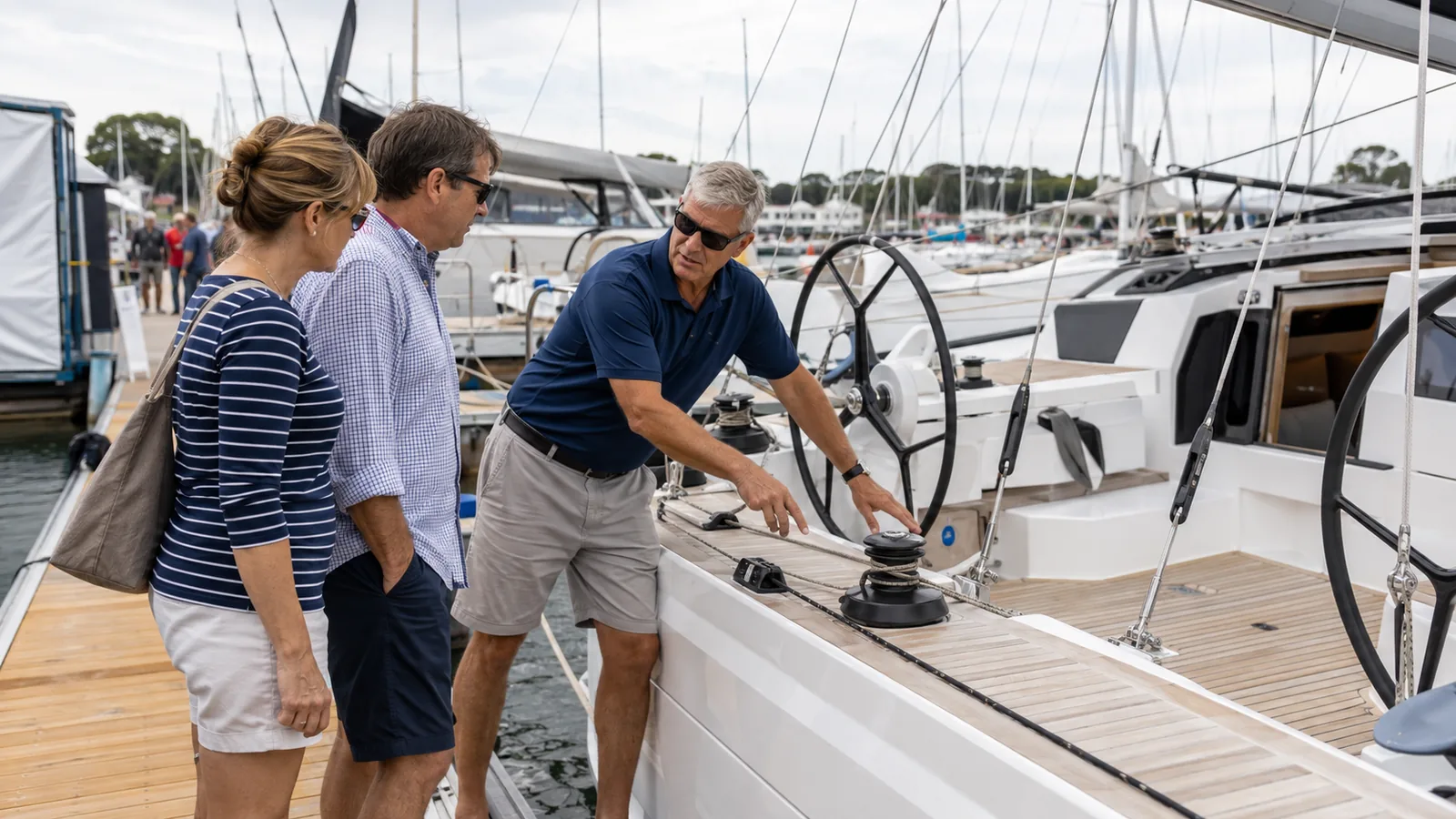 Visitor comparing sailboat features with a marine representative at the show