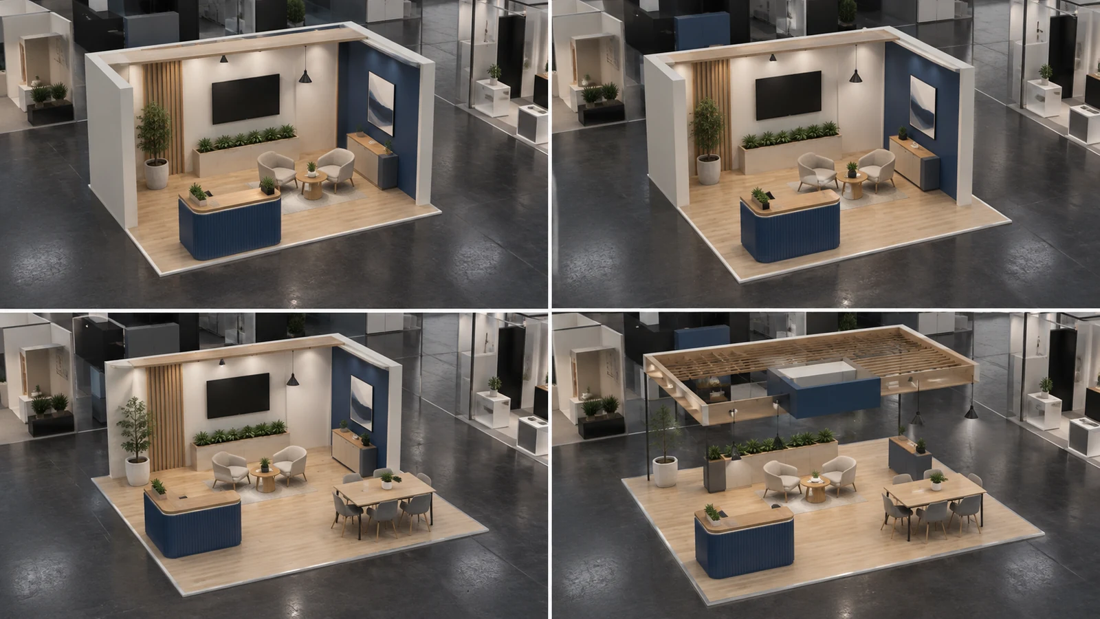 Four custom booth configurations showing inline, corner, peninsula, and island layouts