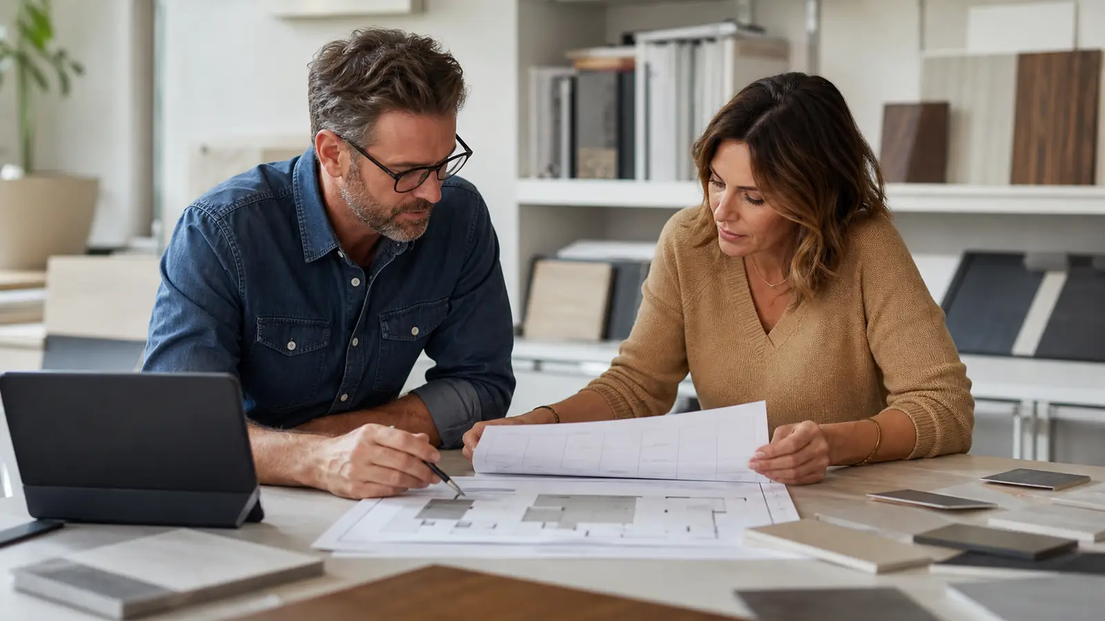 Exhibit team reviewing a home show planning calendar and floorplan