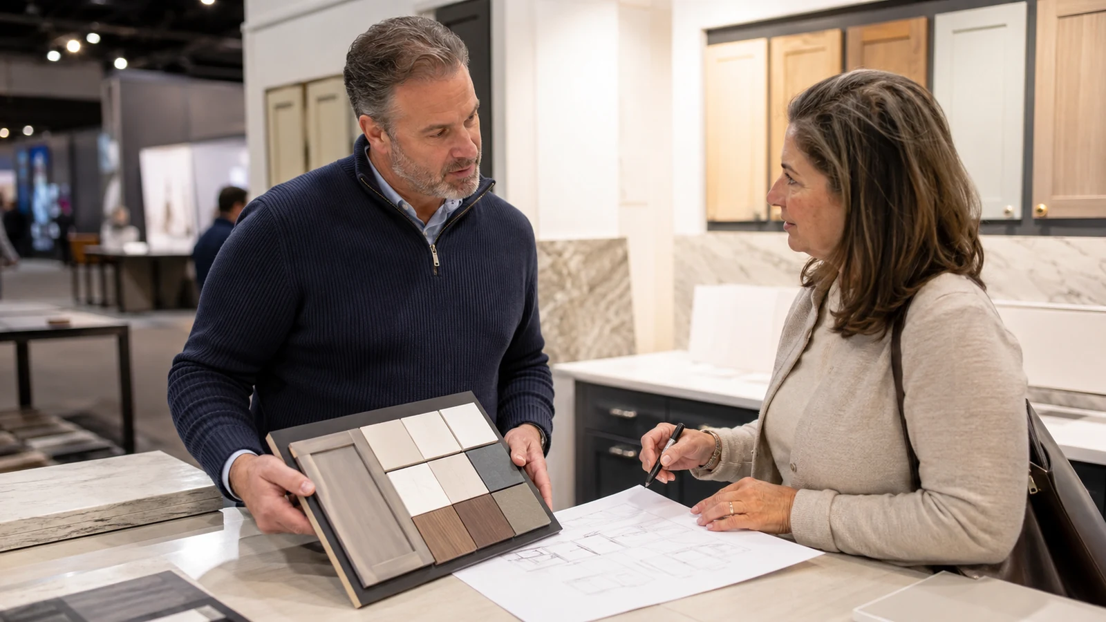 Homeowner discussing a renovation project with a professional exhibitor and material samples.