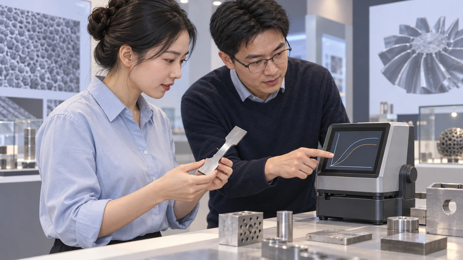 Concept illustration: Chinese engineers comparing an instrument reading and a physical material specimen at a compact counter