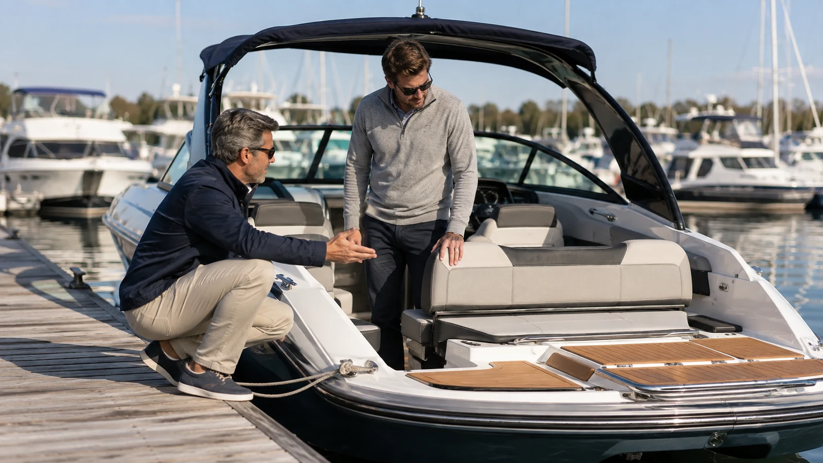 Dealer showing a prospective buyer an unbranded in-water vessel from a floating dock.
