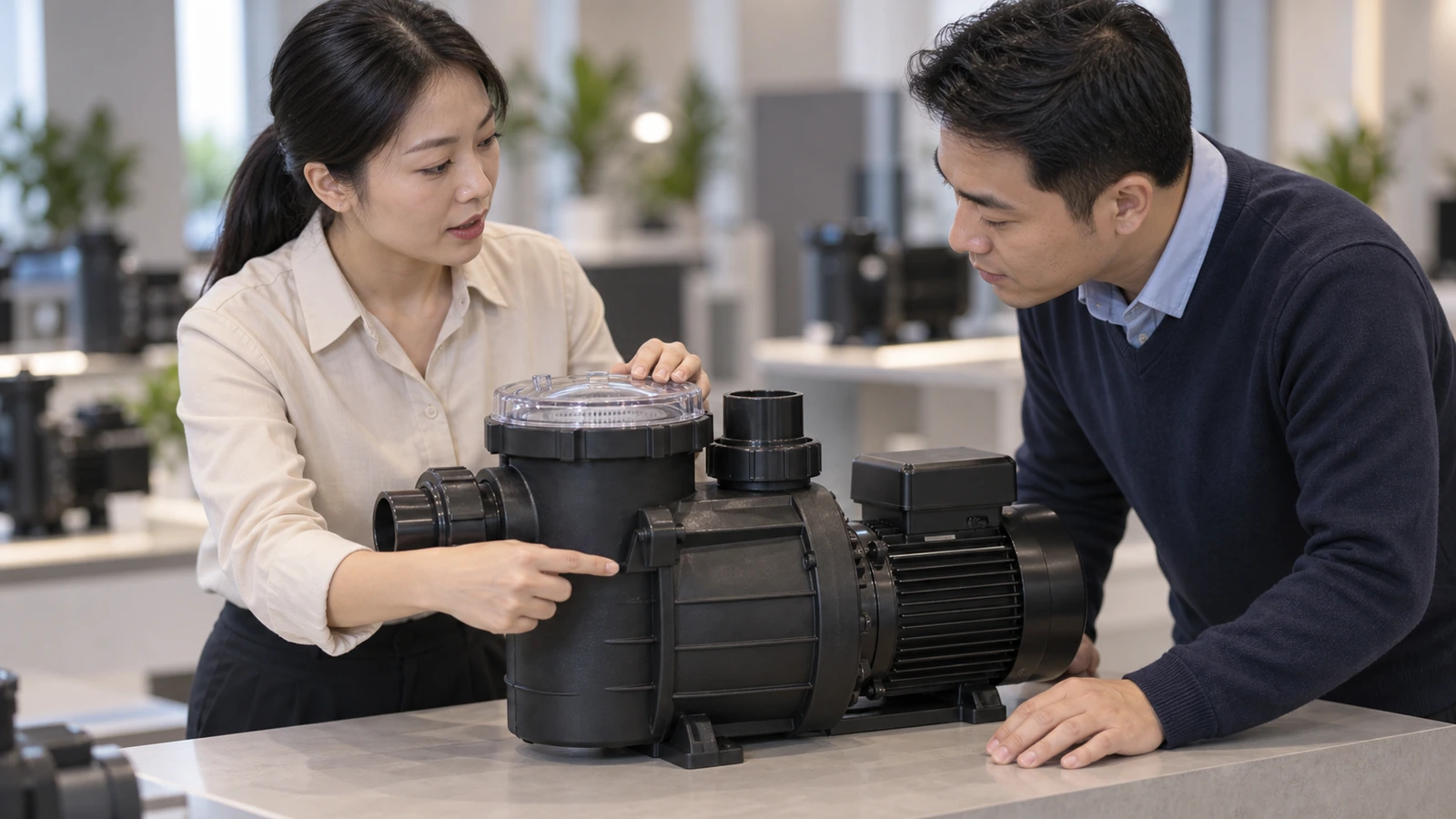 Concept illustration of two people examining a pool pump on a display counter.