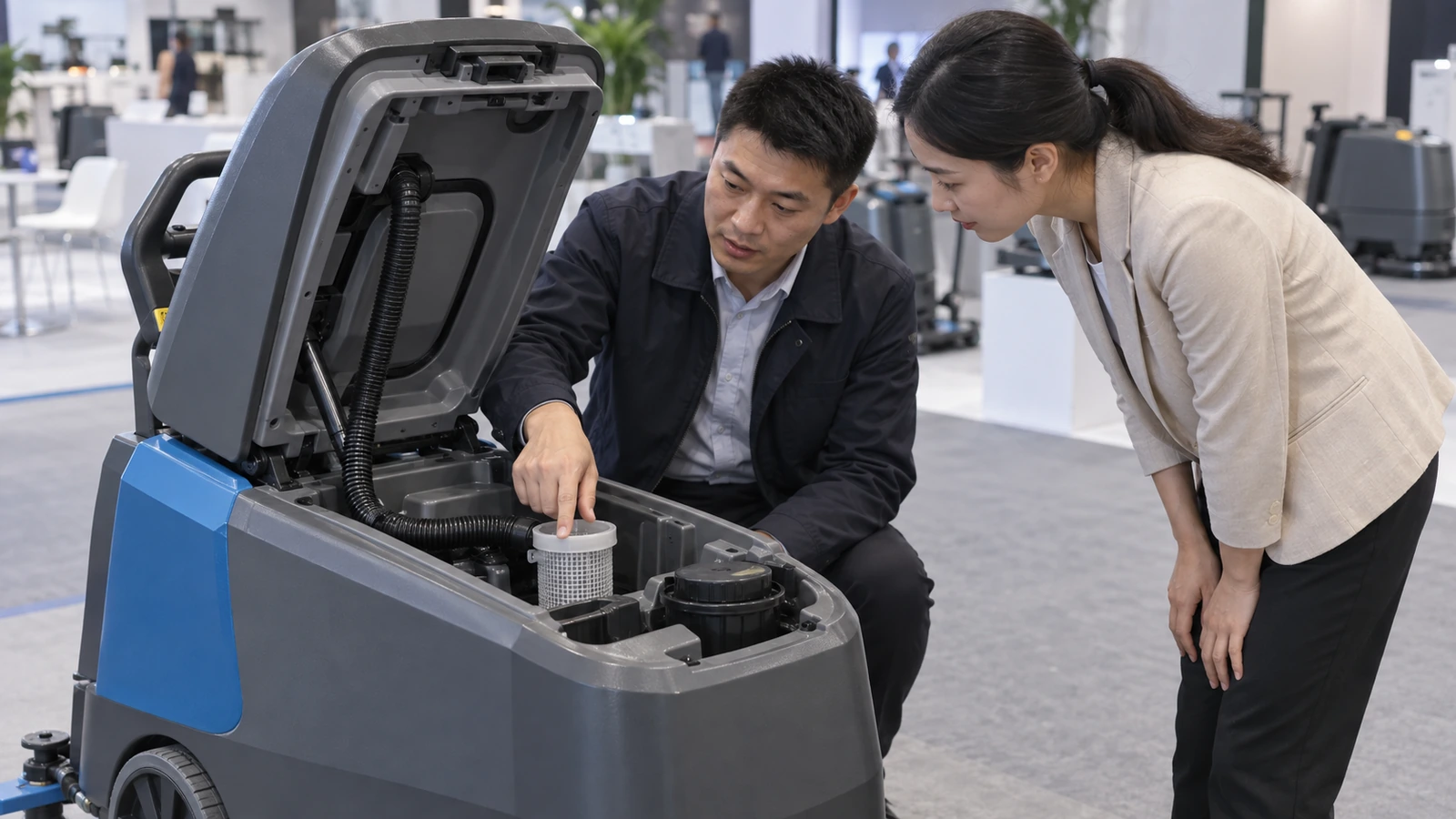 Concept illustration of two adults inspecting an open service compartment on a floor scrubber