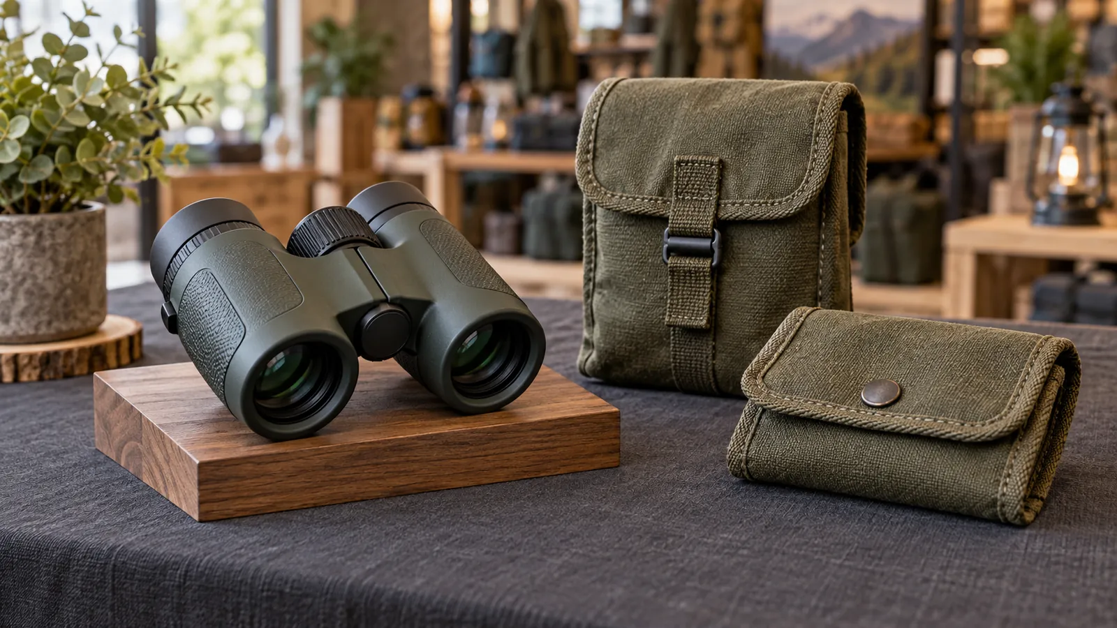 Concept illustration of binoculars and fabric outdoor utility pouches in an uncluttered tabletop display