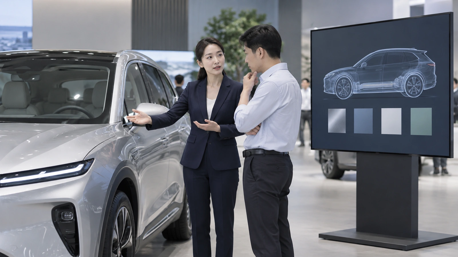 Concept illustration: Chinese brand specialist explaining an unbranded vehicle feature to a professional visitor beside technical evidence screen with abstract content