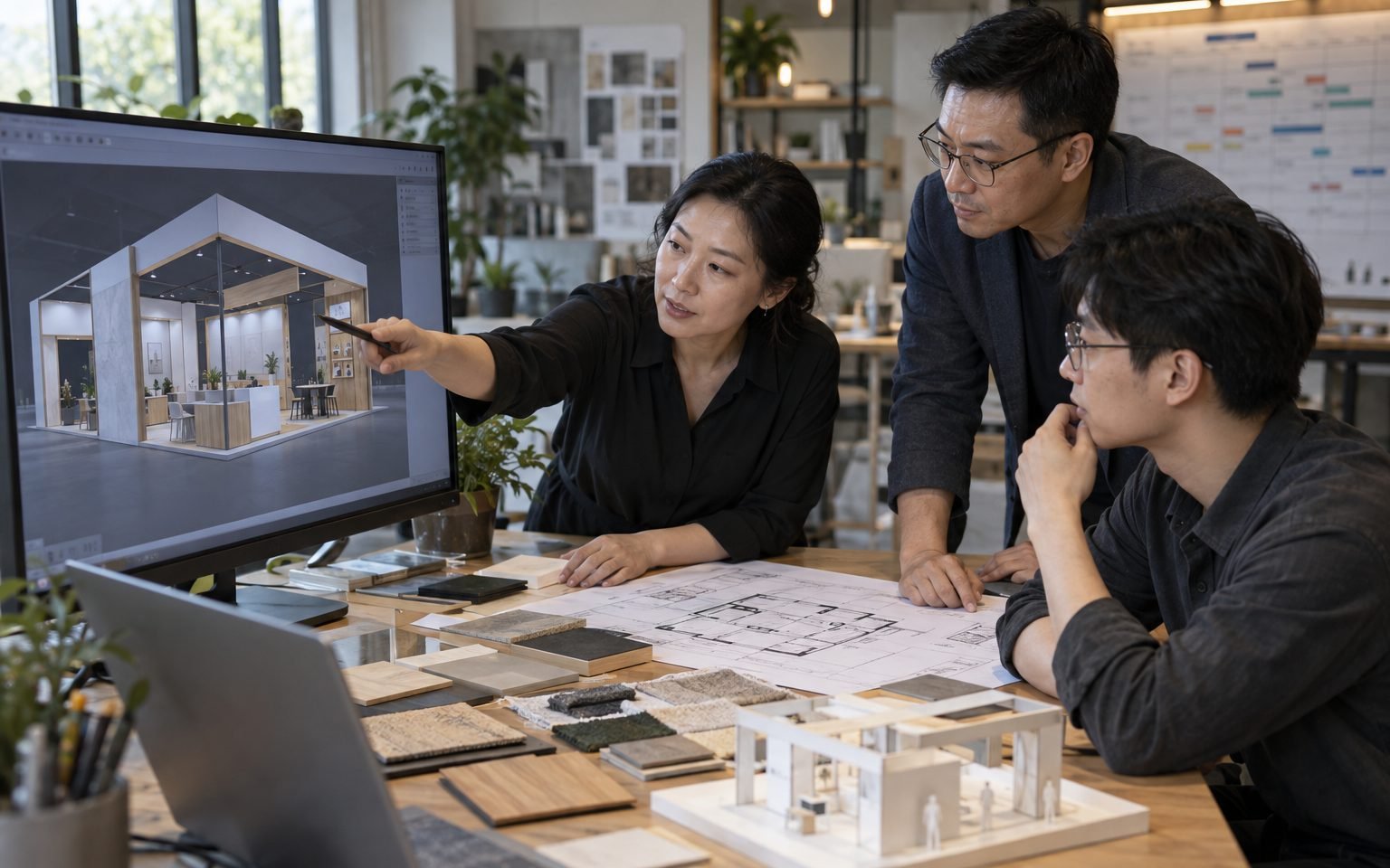 Chinese exhibit design team coordinating booth drawings, samples and production notes