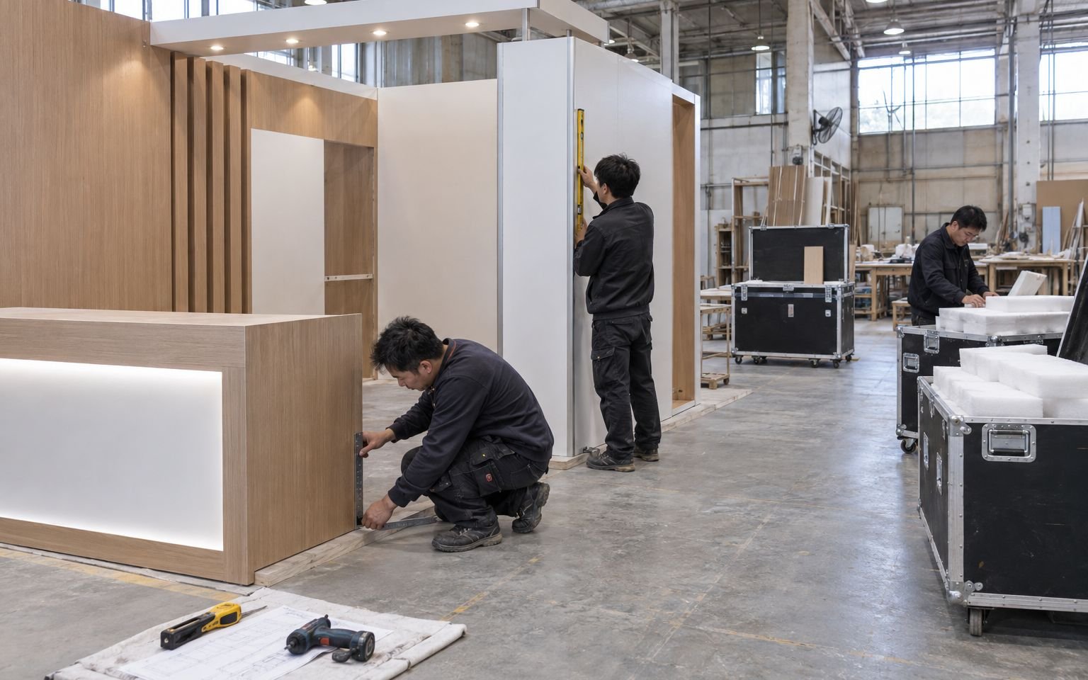 Chinese production team inspecting and packing preassembled booth components