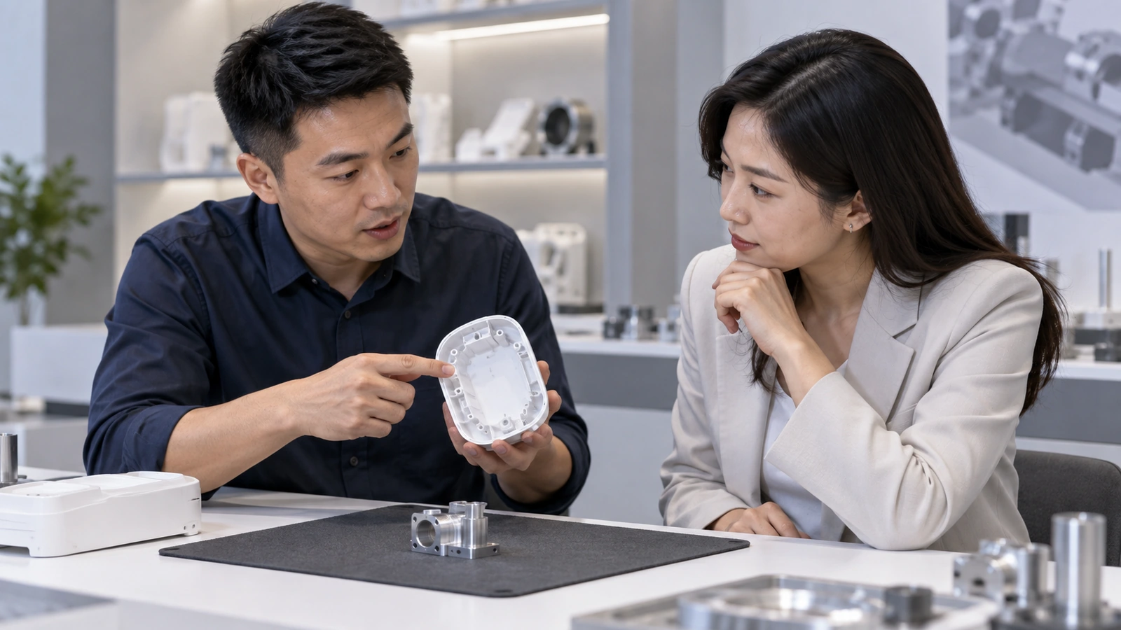 Concept illustration of two adults examining a white polymer housing and a metal component at a display counter