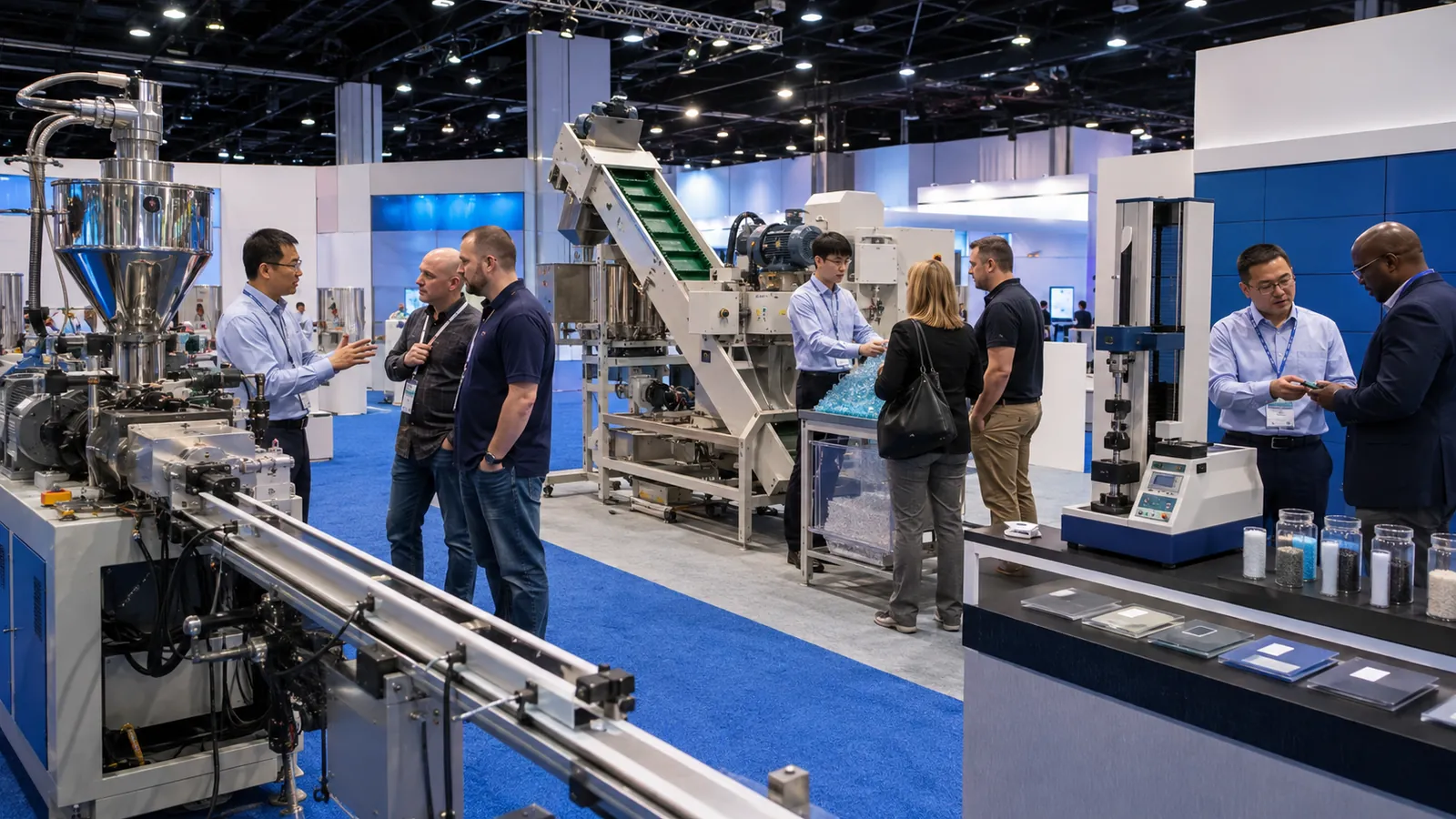 Illustrative plastics processing expo with extrusion recycling and testing equipment