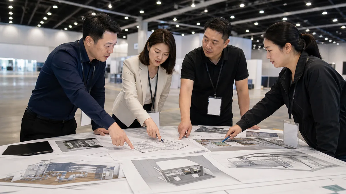 Exhibitor, booth builder, logistics coordinator, and technical provider assigning project responsibilities
