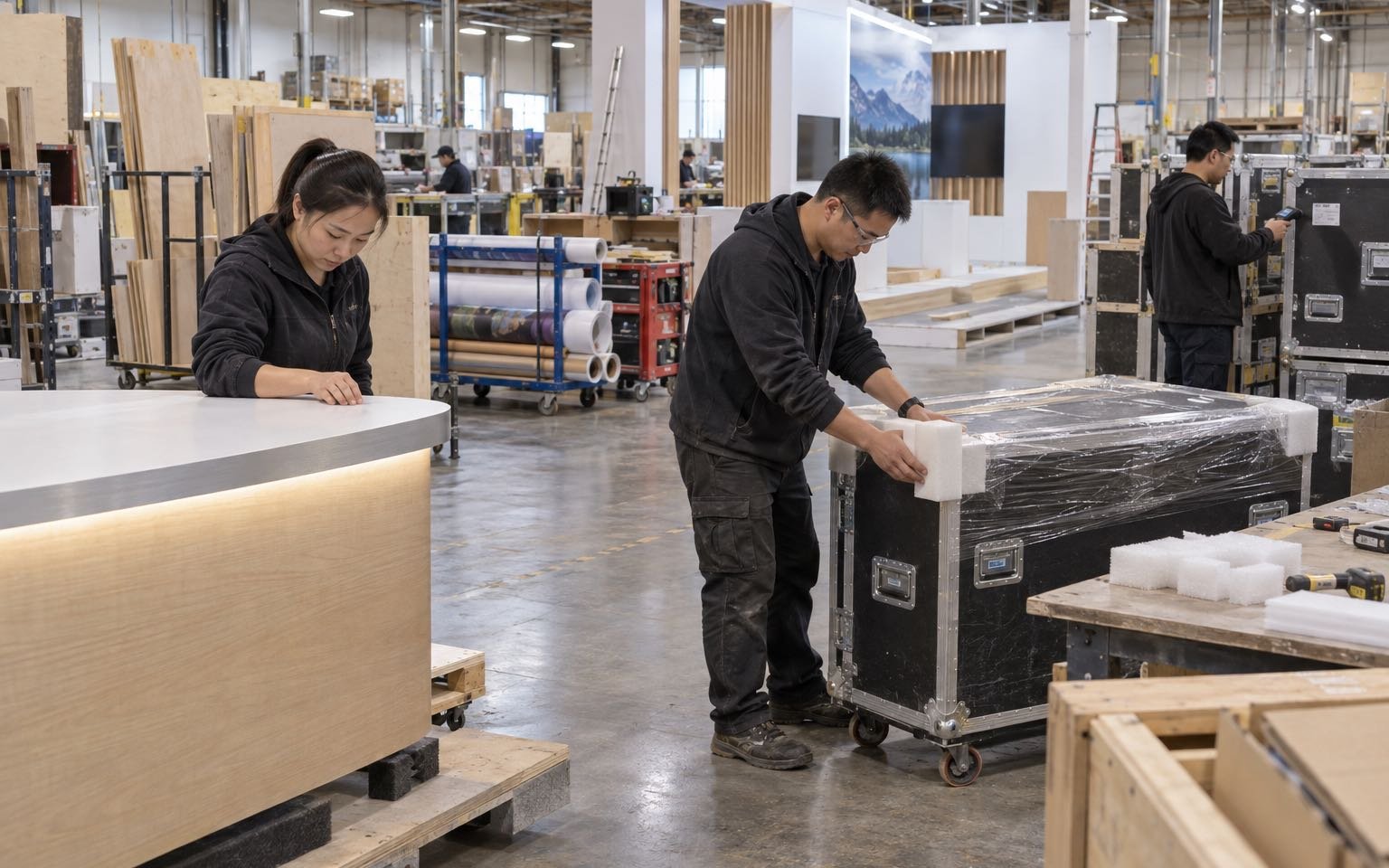 Chinese production team checking and packing preassembled exhibit components