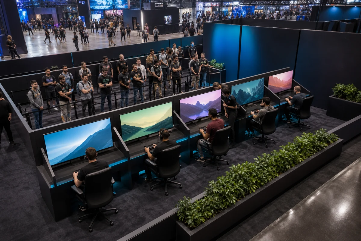 Consumer gaming expo booth with playable demo stations and managed queue