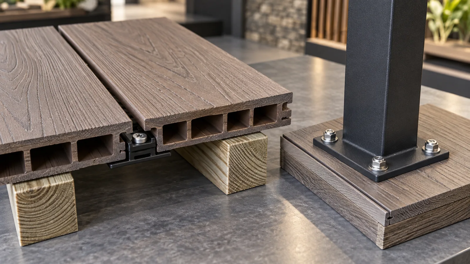 Concept illustration: Close up of decking fastening joint and railing attachment samples for professional inspection