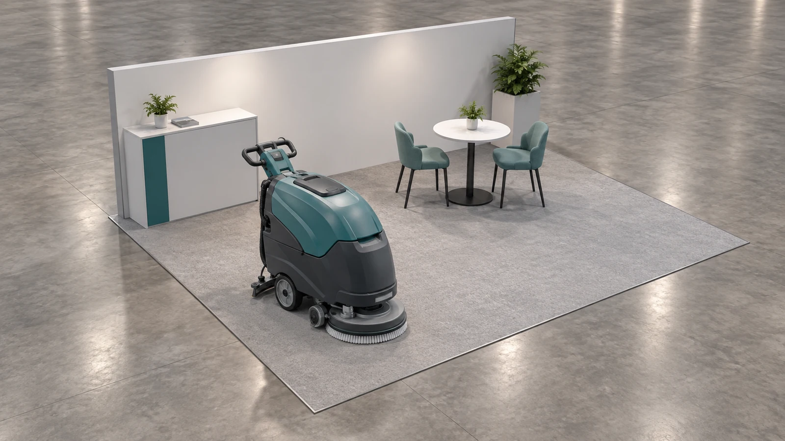 Concept illustration: Isometric compact cleaning machine exhibit, clear viewing space and nearby consultation area