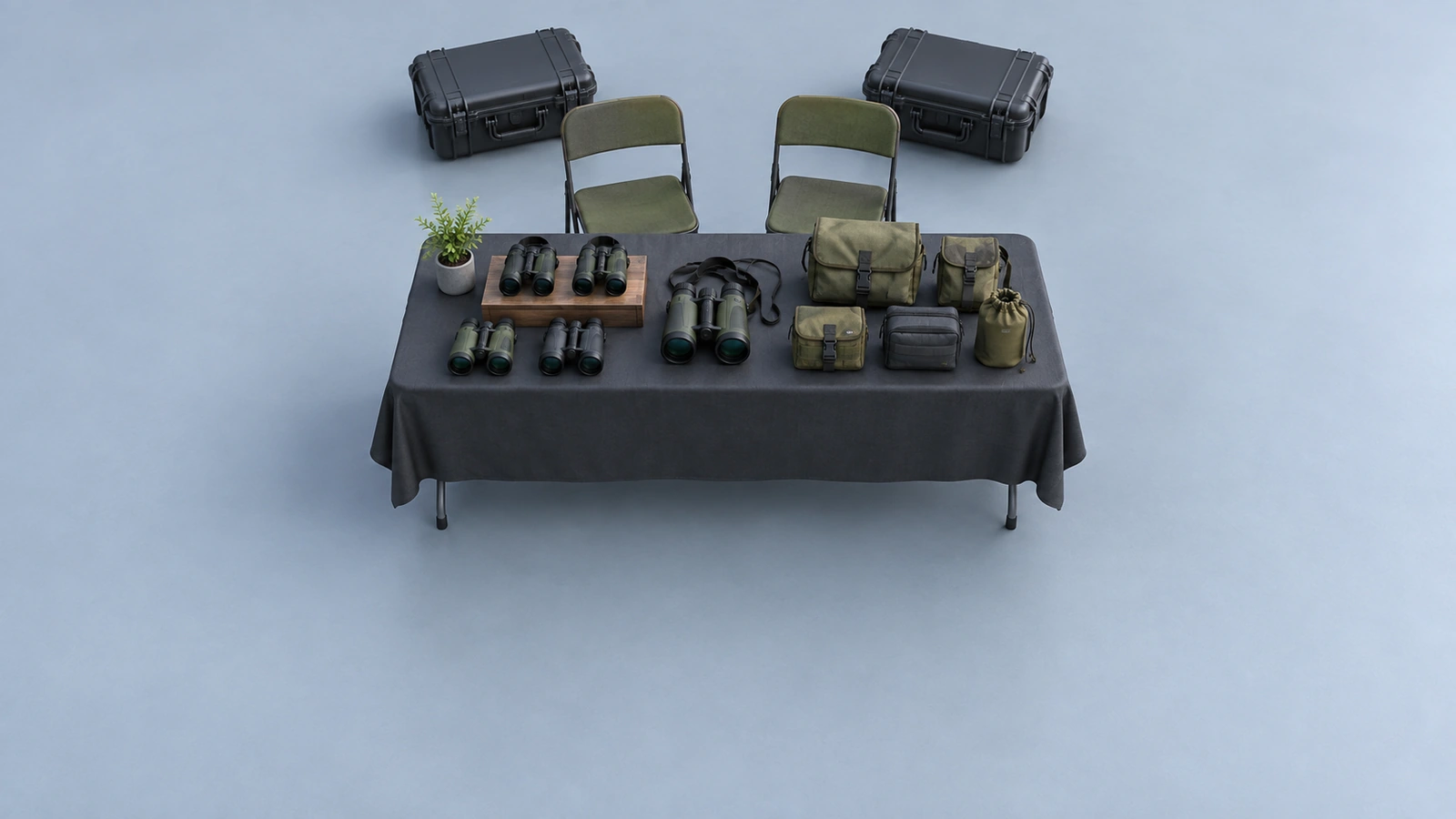 Concept illustration of a compact vendor table layout with two staff chairs, rear storage cases, and an open front aisle