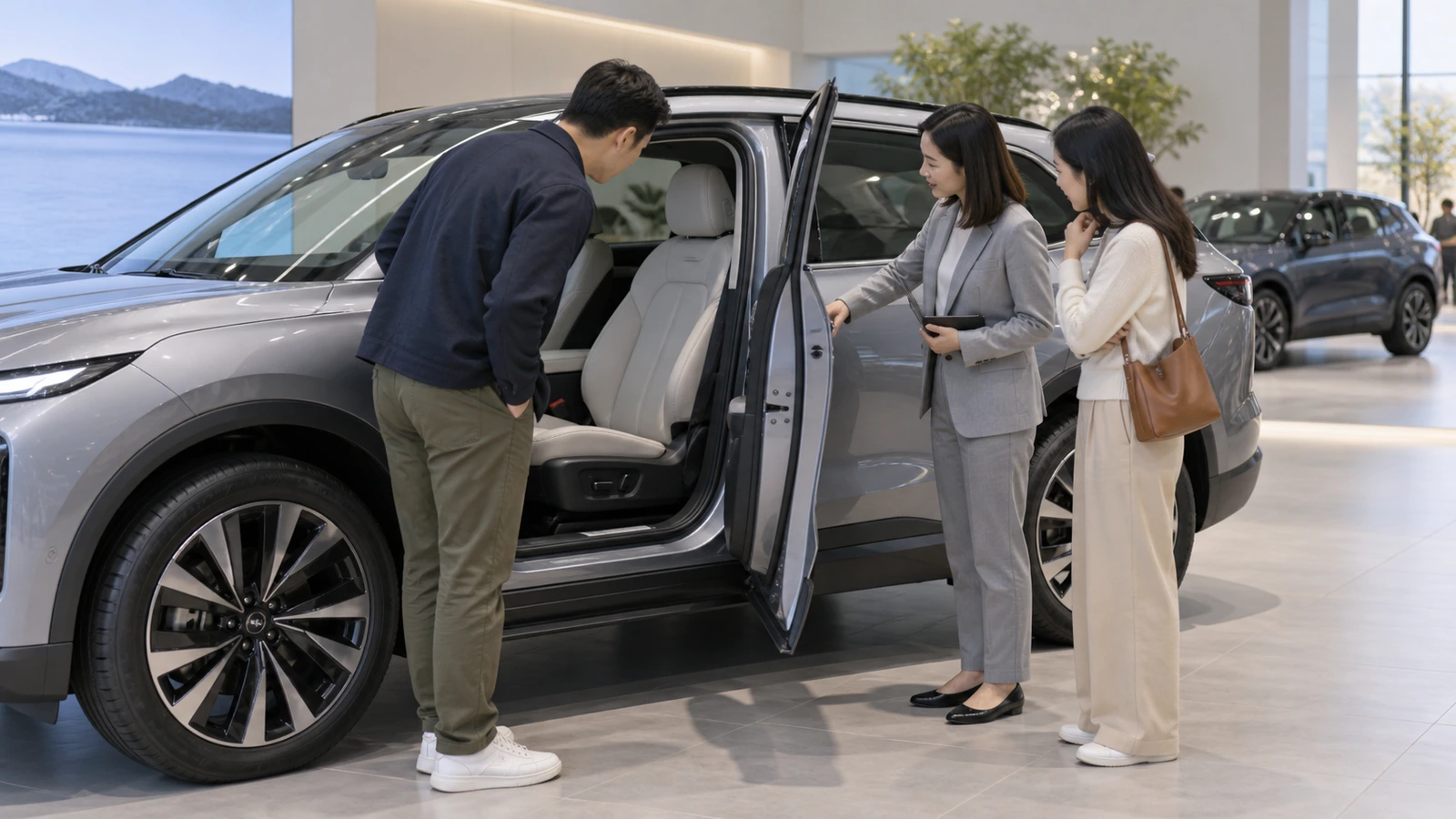 Concept illustration: Consumer auto display concept: adults comparing vehicle cabin access with specialist, open visitor path, no logos