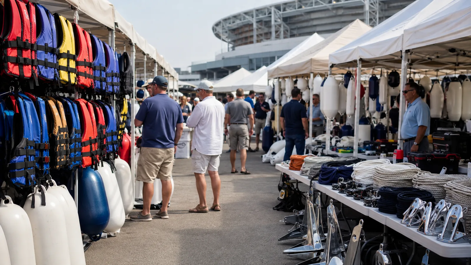 Separate outdoor vendor lane displaying generic marine accessories for boat buyers.