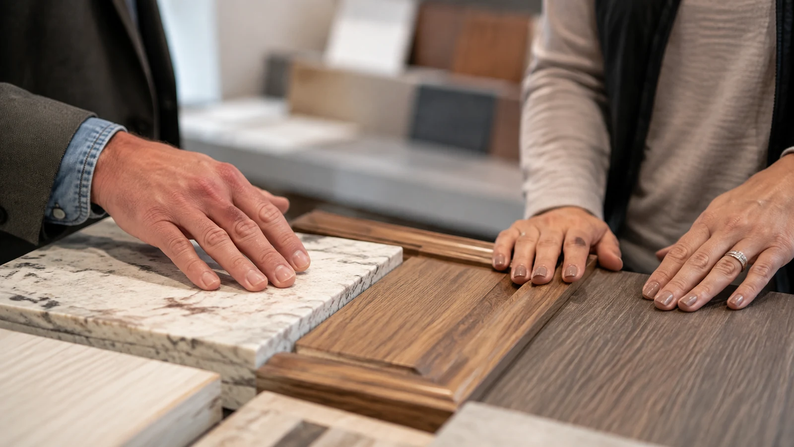 Close-up of a homeowner and exhibitor comparing generic renovation material samples.